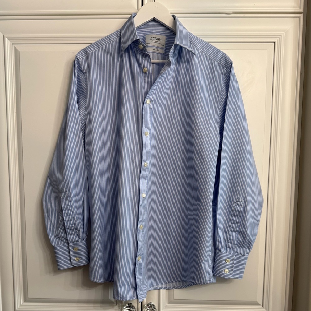 Charles Tyrwhitt Men's Size 16.5 Slim Fit Poplin Bengal Stripe Dress Shirt Blue